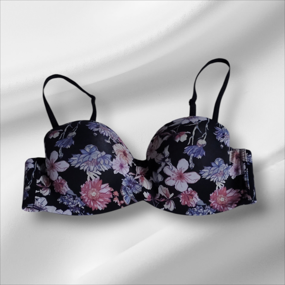 La Vie En Rose Black Floral Convertible Bra with Pink and Lavender Flowers